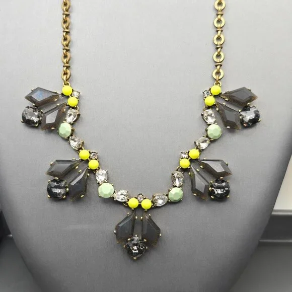 Y2K J Crew Gray Rhinestones & Yellow Accents Statement Necklace 15" Gold Tone - Picture 1 of 8